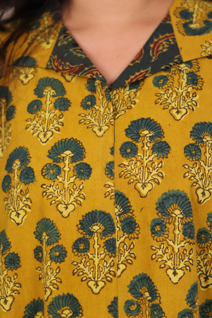 Mustard Ajrakh Handblock Printed Cotton Kaftan shirt dress – Elegant & Breathable Ethnic Wear | Looms & Tassels