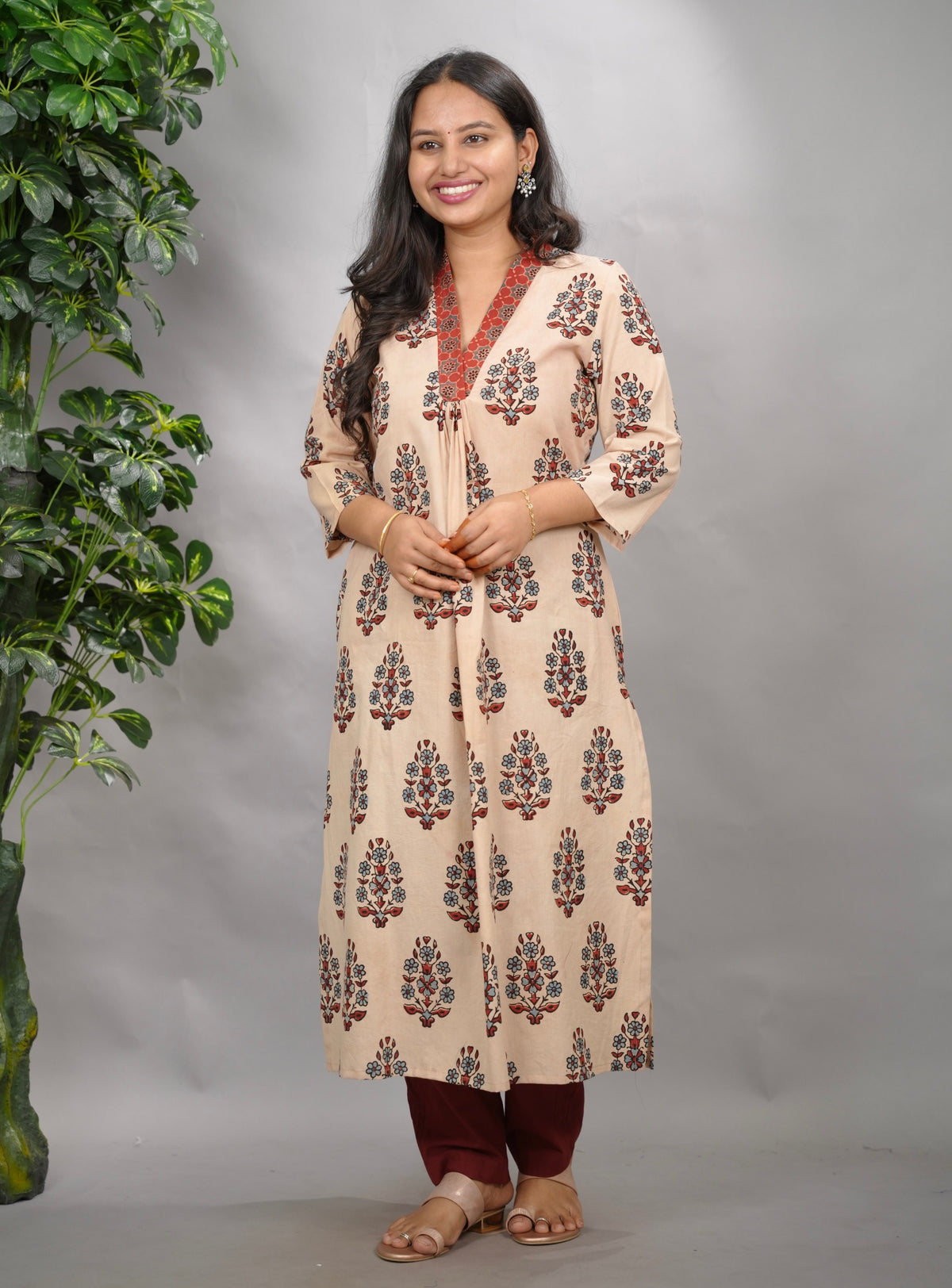 Cream Ajrakh Cotton Patchwork Aline Kurta | Looms & Tassels