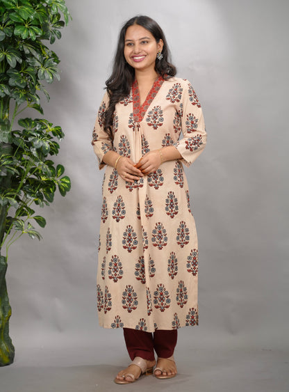 Cream Ajrakh Cotton Patchwork Aline Kurta | Looms & Tassels
