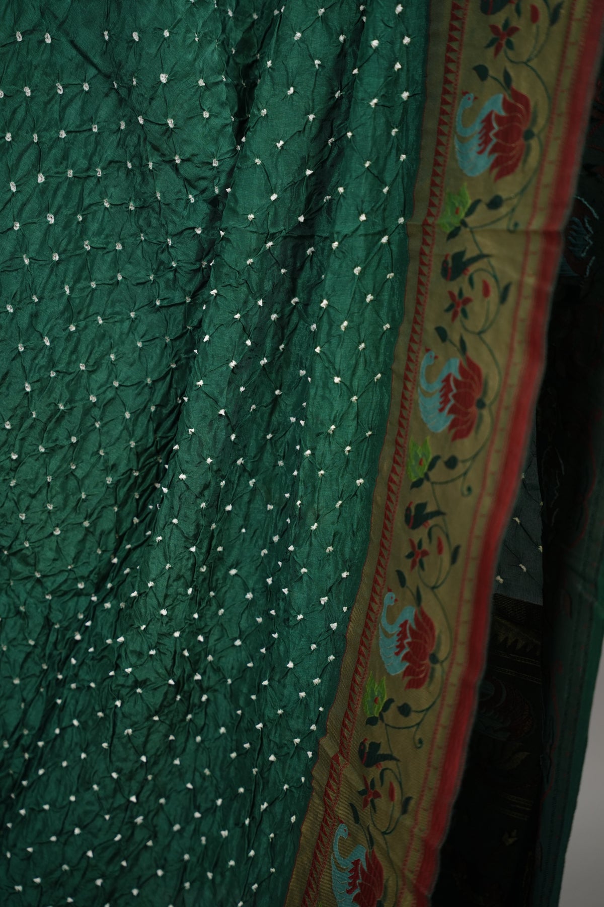Green Handcrafted Bandhani Paithani Dola Silk Saree | Looms & Tassels
