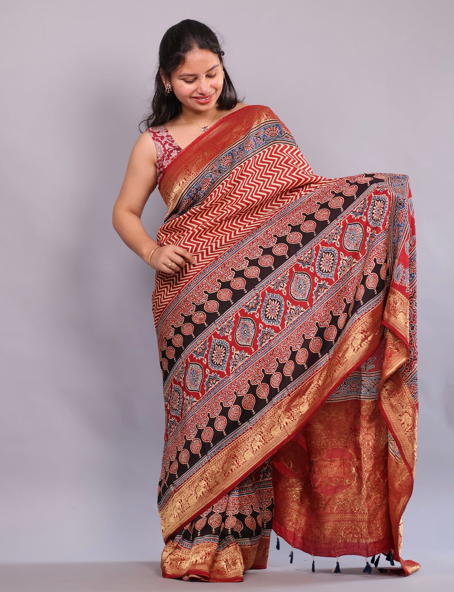 Red Ajrakh Handblock printed Dola Silk Saree | Looms & Tassels