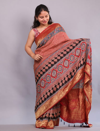 Red Ajrakh Handblock printed Dola Silk Saree | Looms & Tassels