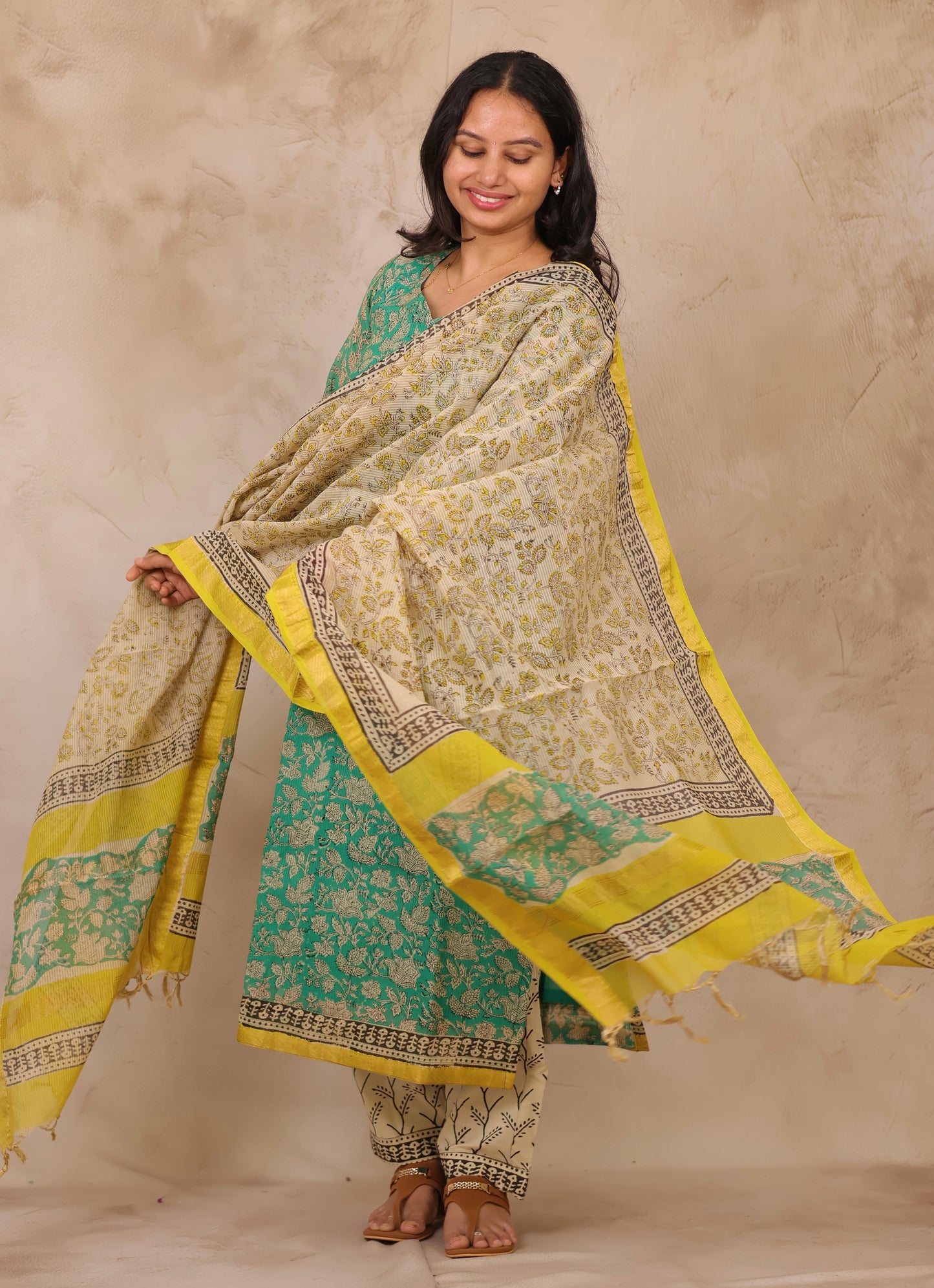 Sea Green Handblock printed Pure Maheswari Silk 3 piece suit (stitched)