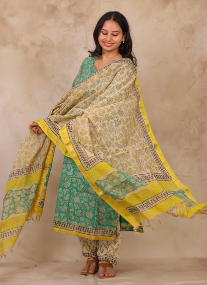 Sea Green Handblock printed Pure Maheswari Silk 3 piece suit (stitched)