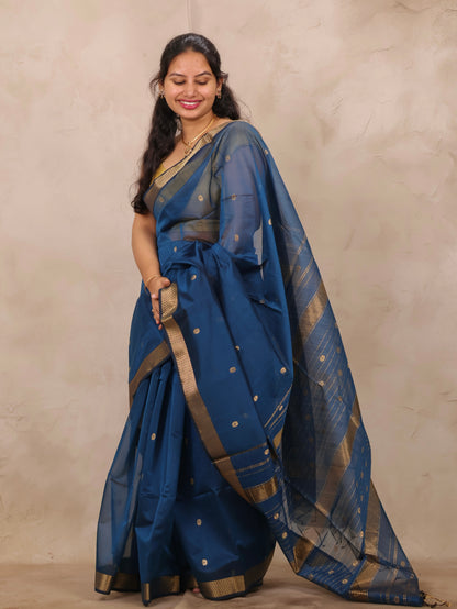 Blue Handloom Maheswari Silk Cotton Sarees | Looms & Tassels