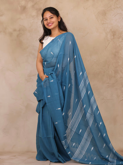 Blue Handwoven Malai Cotton Saree| Looms & Tassels