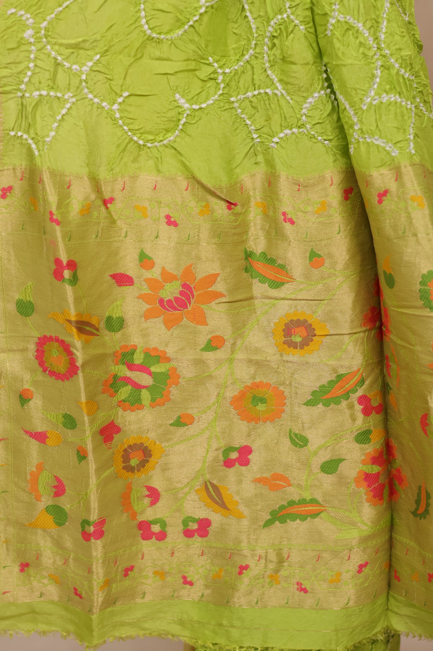 Pista Green Handcrafted Pattern Bandhani Paithani Dola Silk Saree | Looms & Tassels