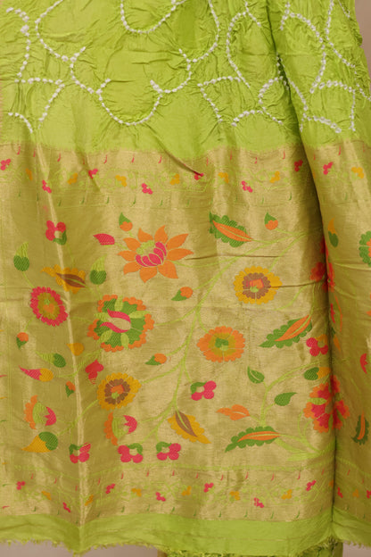 Pista Green Handcrafted Pattern Bandhani Paithani Dola Silk Saree | Looms & Tassels