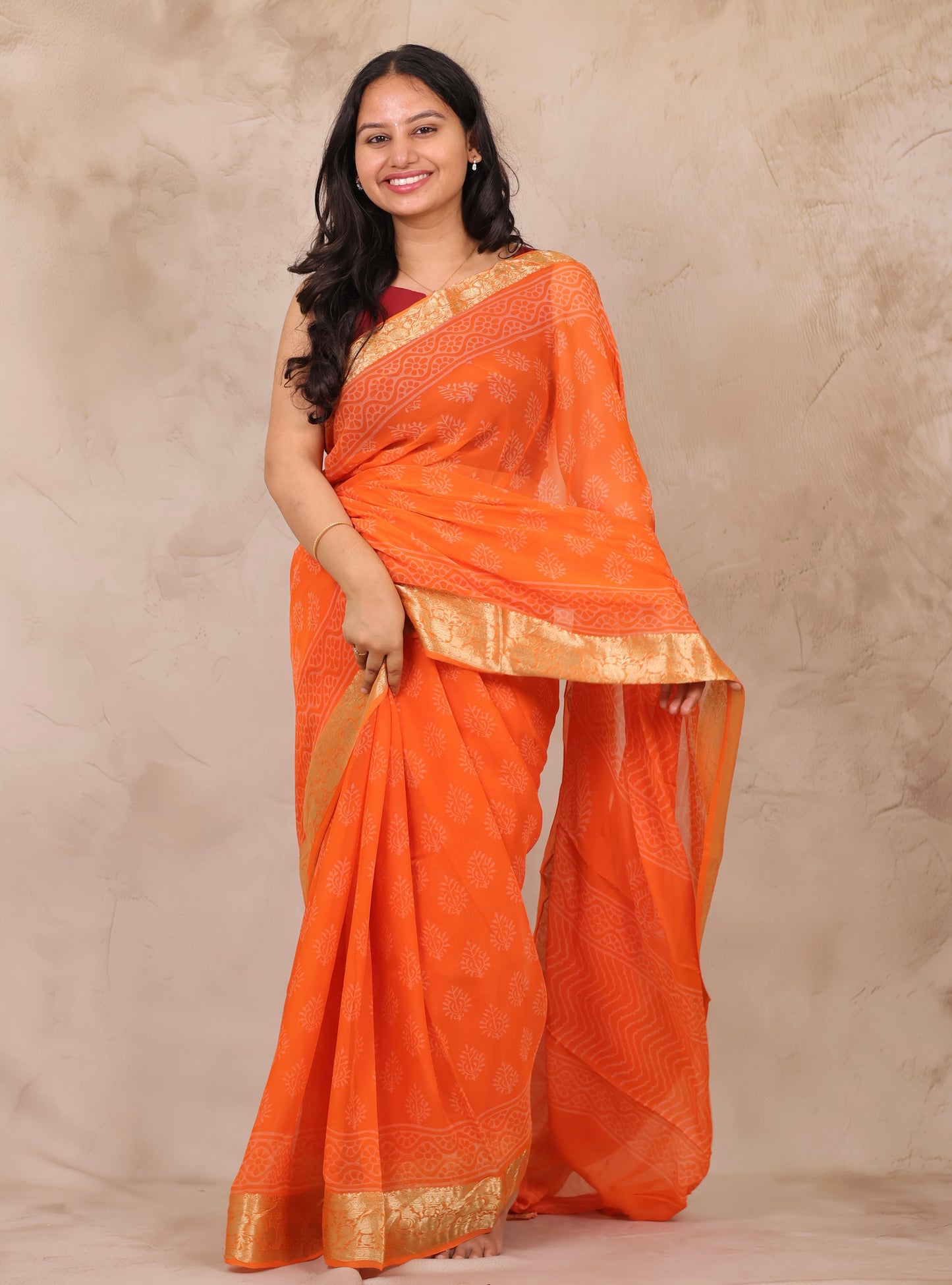 Orange Chiffon Hand Block Printed Saree with Jari Border | Looms & Tassels
