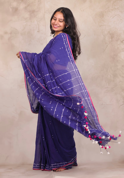 Blue Malai Cotton Saree with Butta Weaving | Looms & Tassels