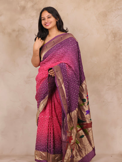 Purple & Pink Handcrafted Bandhani Paithani Dola Silk Saree | Looms & Tassels