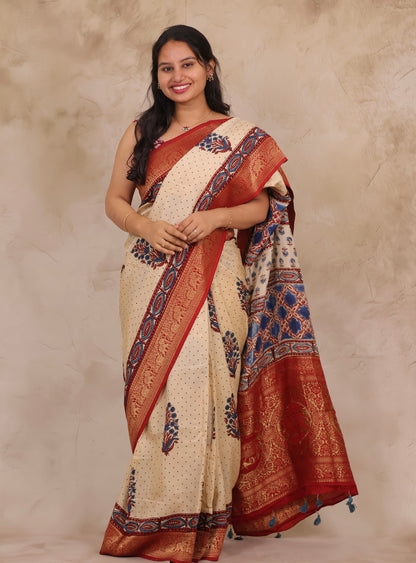 Cream Dotted Floral Ajrakh Handblock printed Dola Silk Saree | Looms & Tassels
