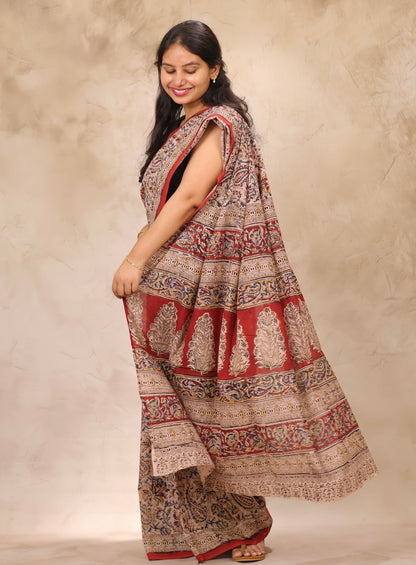 Cream Hand Block Printed Kalamkari Cotton Saree | Looms & Tassels