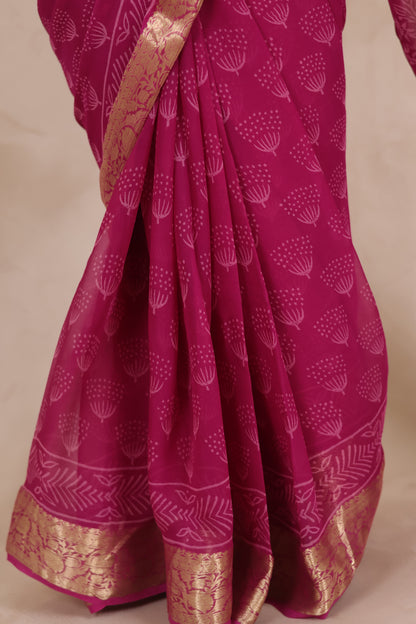 Magenta Pink Chiffon Hand Block Printed Saree with Jari Border | Looms & Tassels