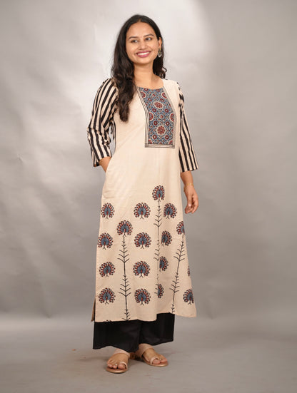 Cream Ajrakh Pattern Hand Block printed Kurti | Looms & Tassels