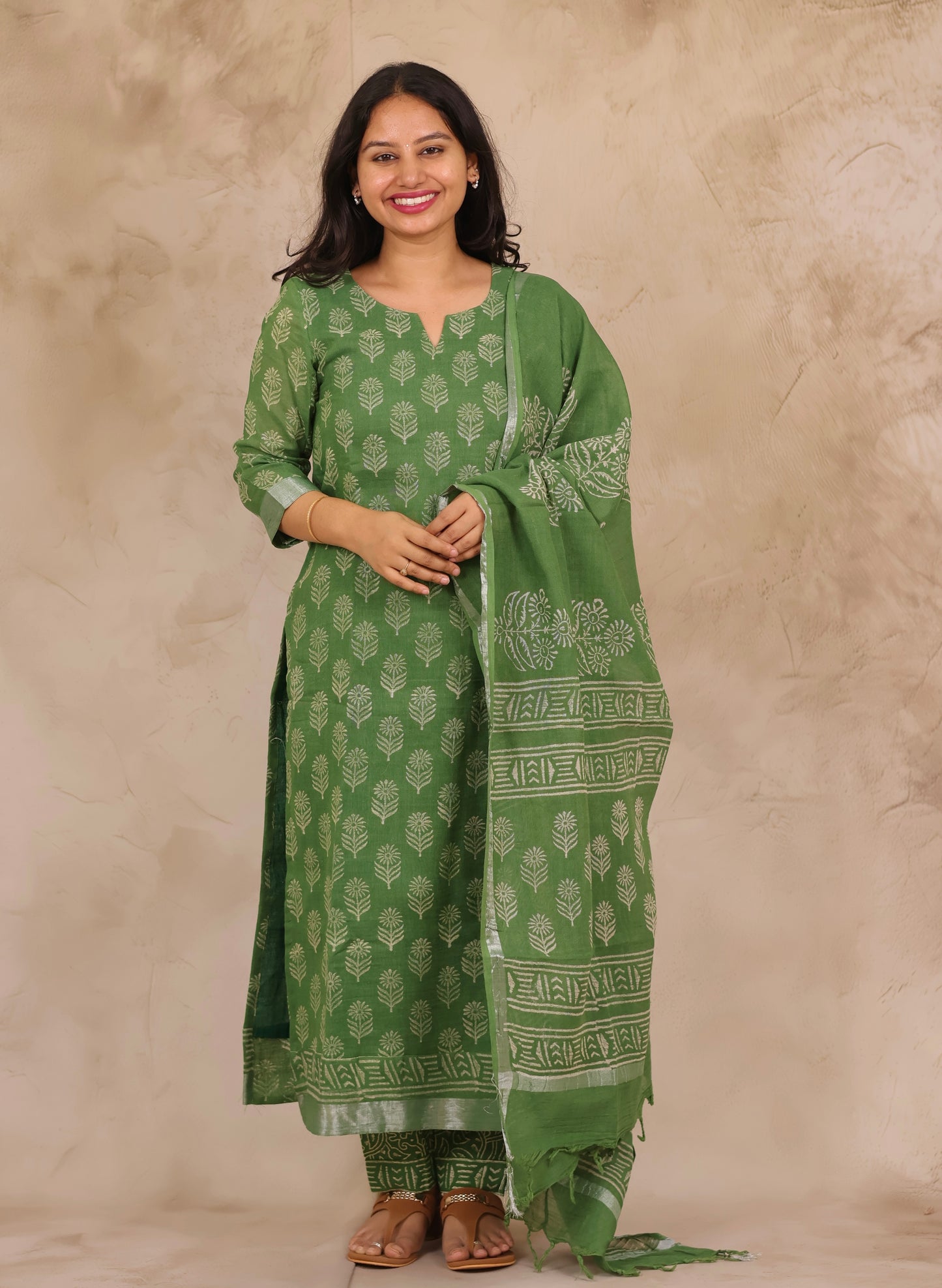 Green Linen Cotton Handblock printed 3 piece suit (stitched)