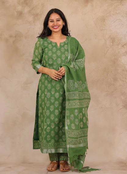Green Linen Cotton Handblock printed 3 piece suit (stitched)