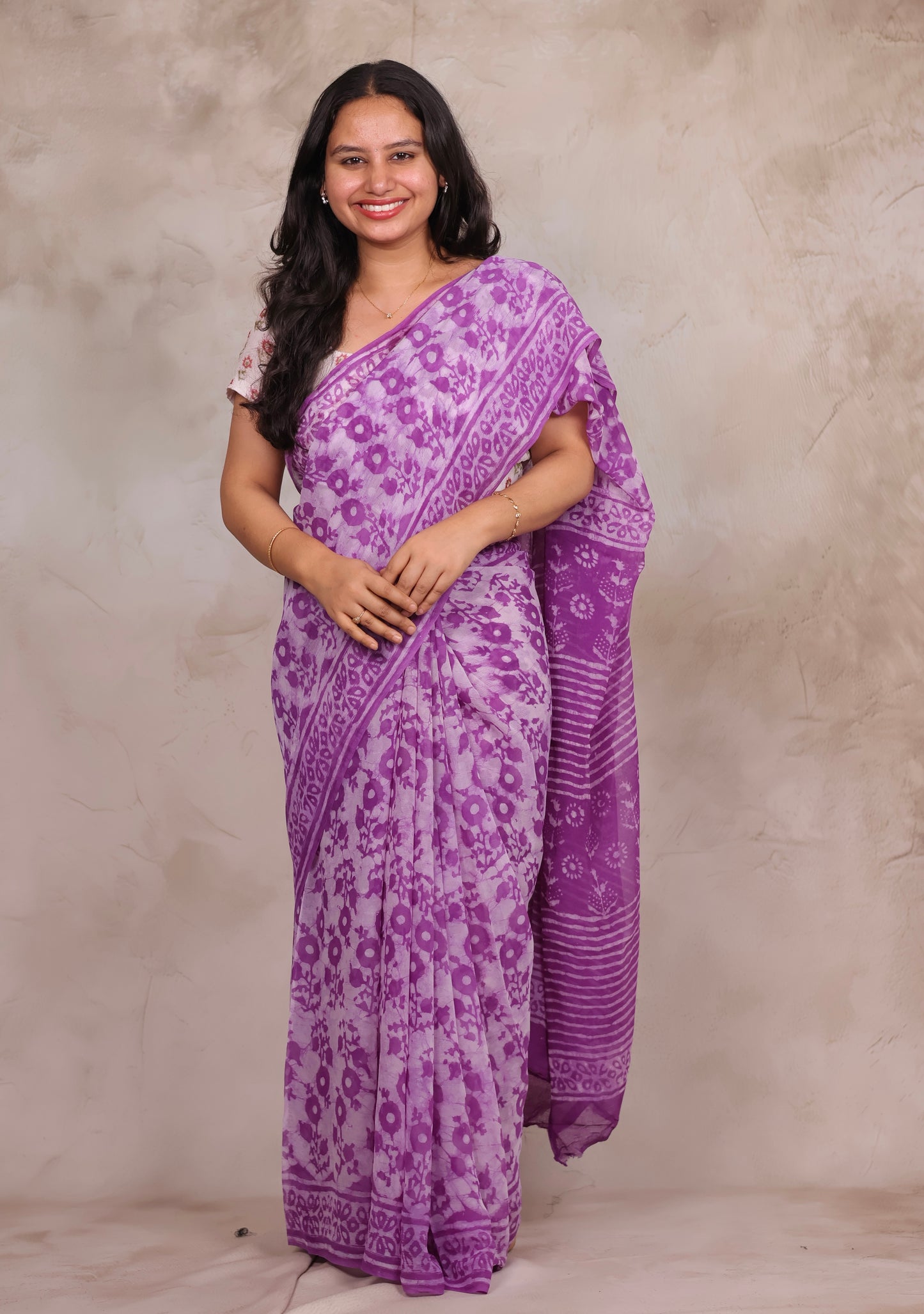 Purple Chiffon Hand Block Printed Saree | Looms & Tassels
