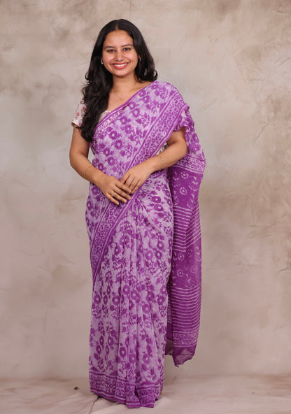 Purple Chiffon Hand Block Printed Saree | Looms & Tassels