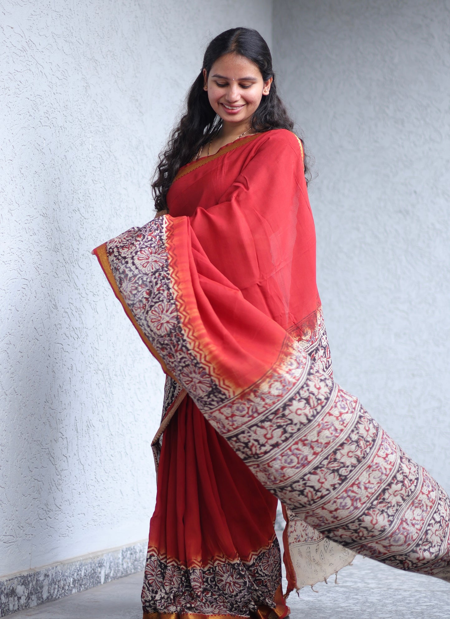 Red Kalamkari dyeing premium chennur silk with hand block print saree