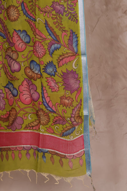 Parrot Green Pen Kalamkari Mangalagiri silk Dupatta