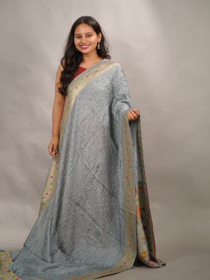 Gray Handcrafted Bandhani Paithani Dola Silk Saree | Looms & Tassels