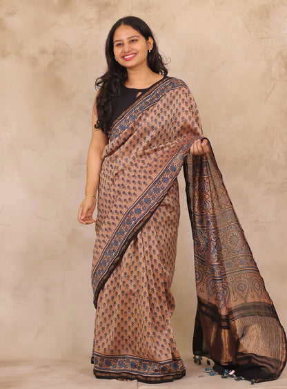 Maheswari Silk Cotton Ajrakh Handblock Printed Saree | Looms & Tassels