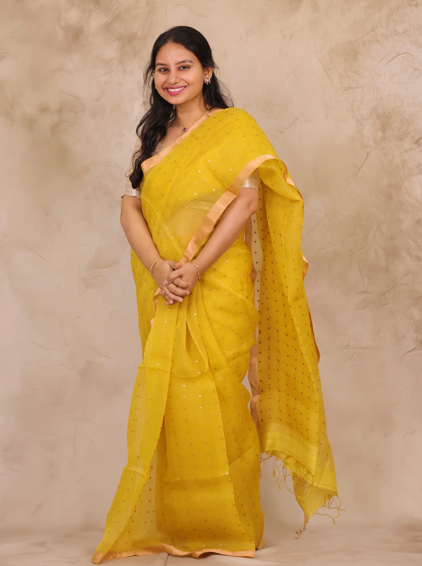 Mustard Handwoven Muslin Silk Saree With Sequence Work | Looms & Tassels
