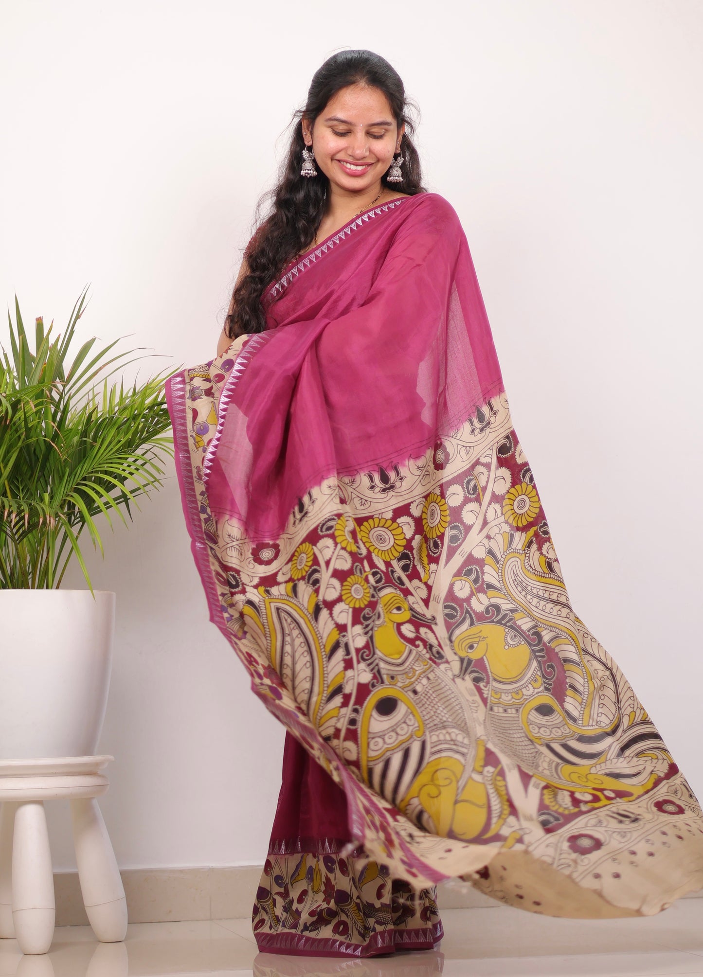 Magenta Plain Gap Border Kalamkari Premium Chennur Silk Handcrafted Saree