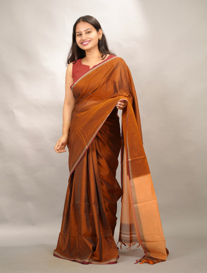 Rust Orange Narayanpet Cotton Saree | Looms & Tassels