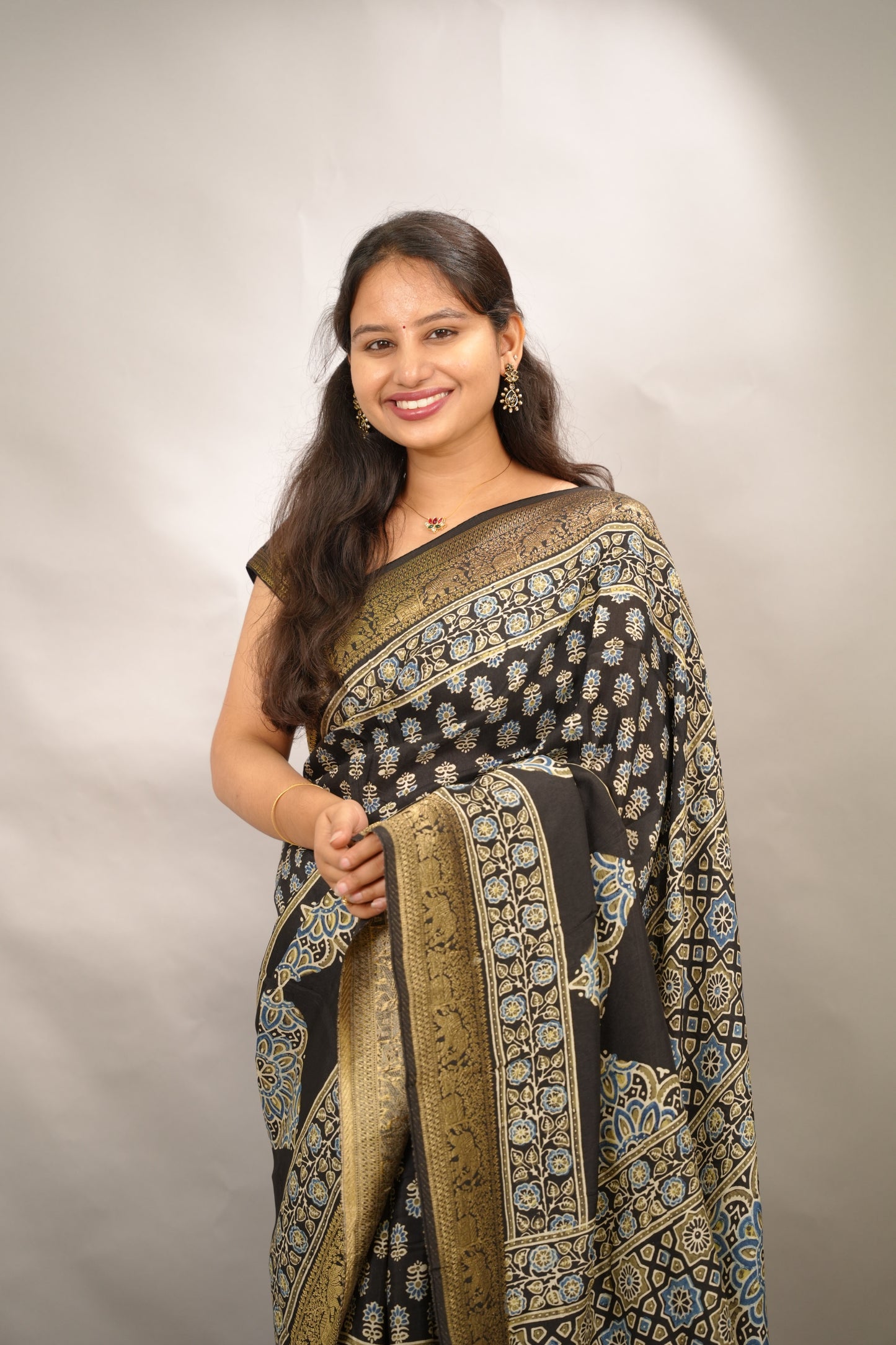 Ajrakh Handblock printed Dola Silk Saree | Looms & Tassels