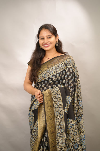 Ajrakh Handblock printed Dola Silk Saree | Looms & Tassels