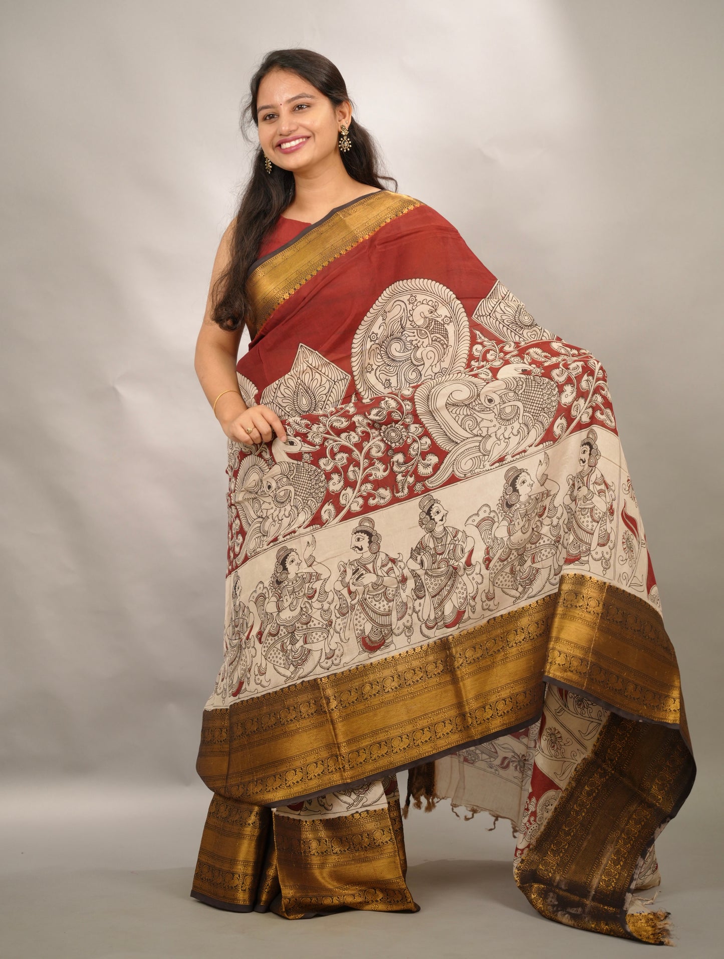 Red Kanchi border Kalamkari chennur silk saree| Looms & Tassels