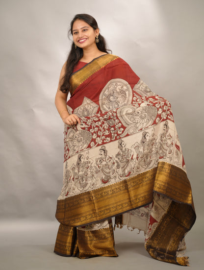 Red Kanchi border Kalamkari chennur silk saree| Looms & Tassels