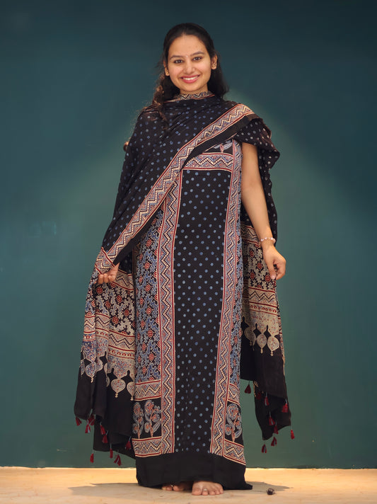 Black Handblock printed Ajrakh modal silk 2 piece suit set