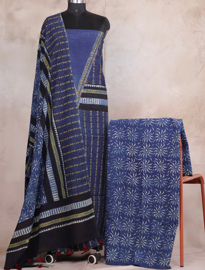 Blue Ajrakh Handblock Printed Pure Cotton 3 piece suit set | Looms & Tassels