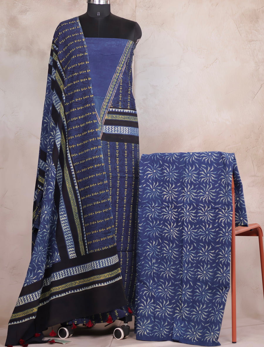 Blue Ajrakh Handblock Printed Pure Cotton 3 piece suit set | Looms & Tassels