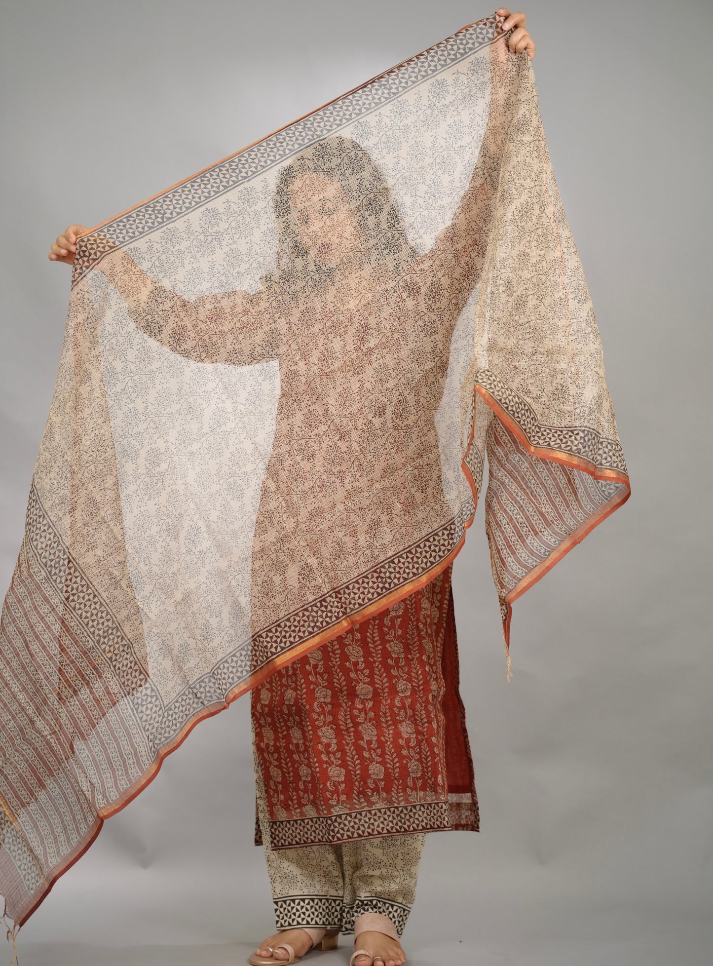 MaroonHandblock printed kota 3 piece suit (stitched)