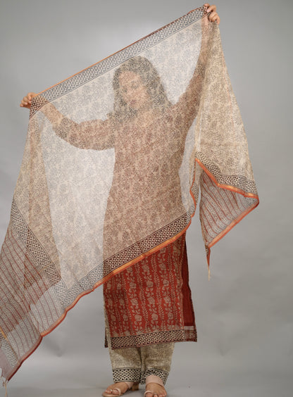 MaroonHandblock printed kota 3 piece suit (stitched)