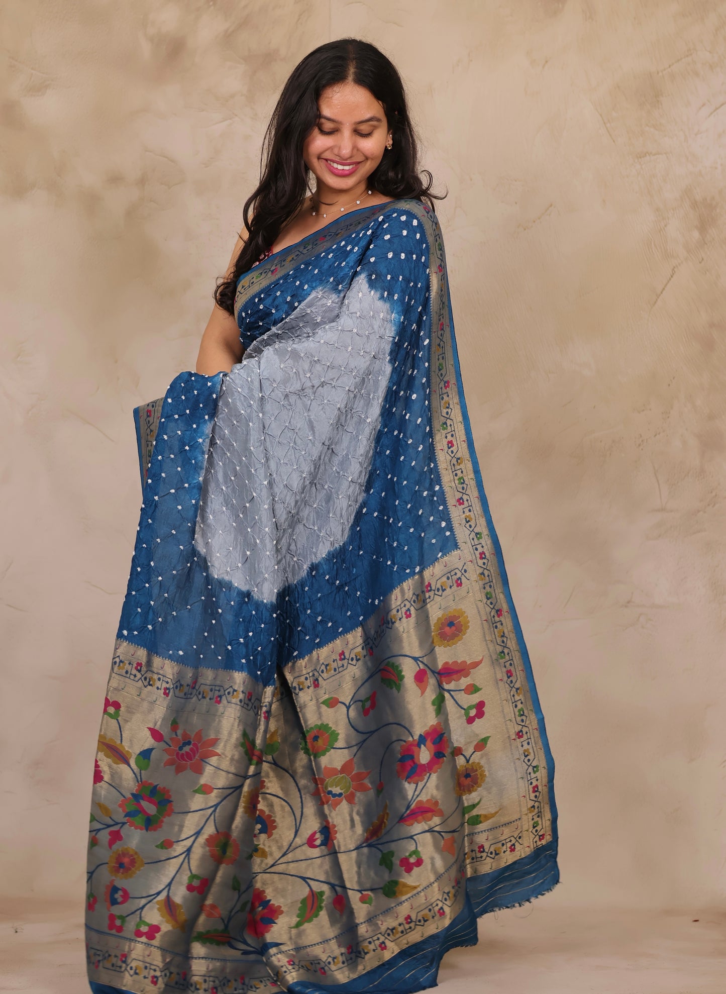 Dual Tone Handcrafted Bandhani Paithani Dola Silk Saree | Looms & Tassels