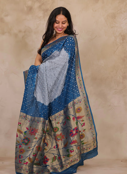 Dual Tone Handcrafted Bandhani Paithani Dola Silk Saree | Looms & Tassels