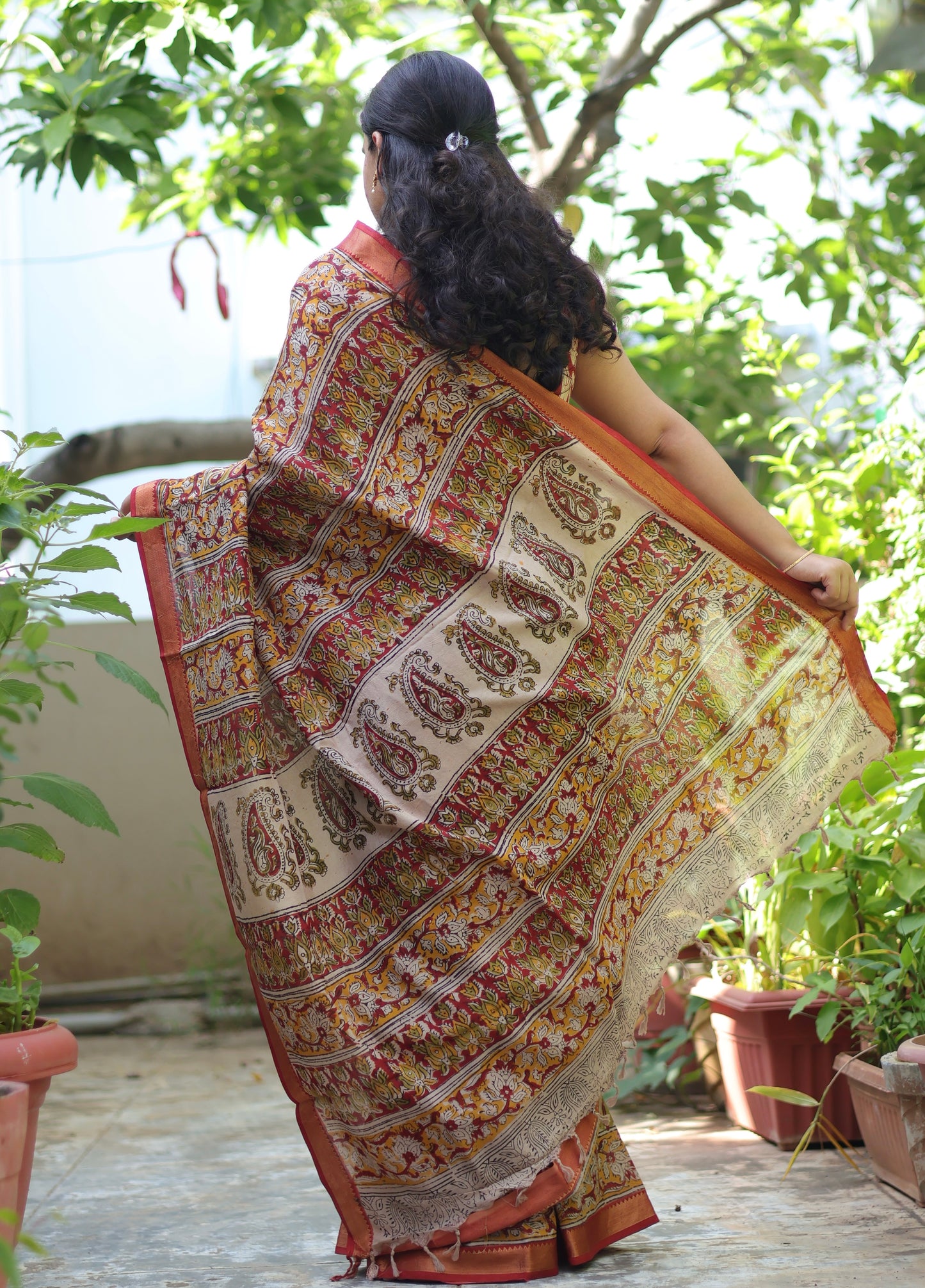 Green Hand Block Printed Kalamkari Nizam Border Silk Sare