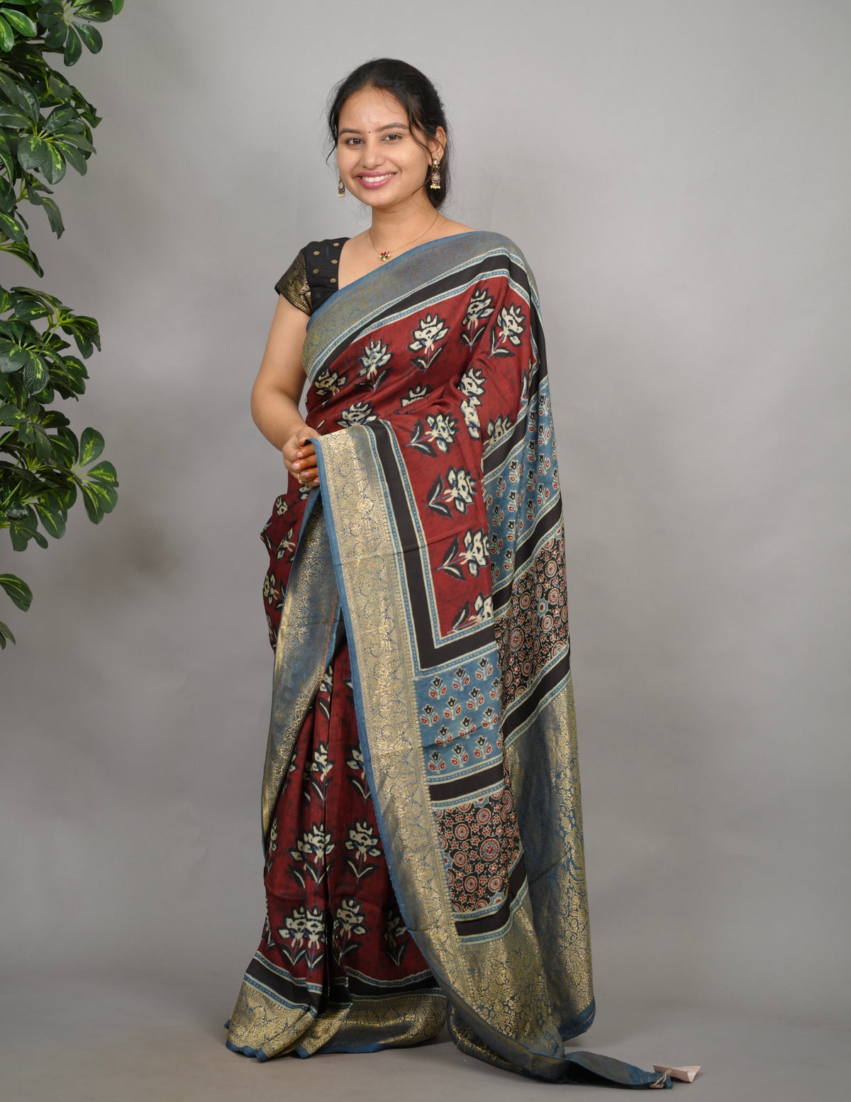 Ajrakh Dola Silk Saree - Brick Red | Looms & Tassels