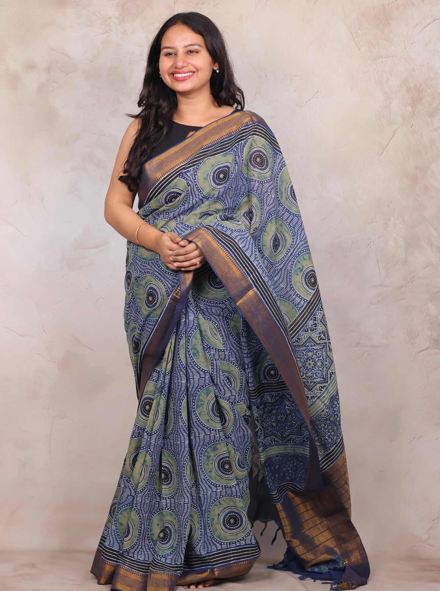 Indigo Ajrakh Hand Block Printed Mangalagiri Cotton Saree | Looms & Tassels