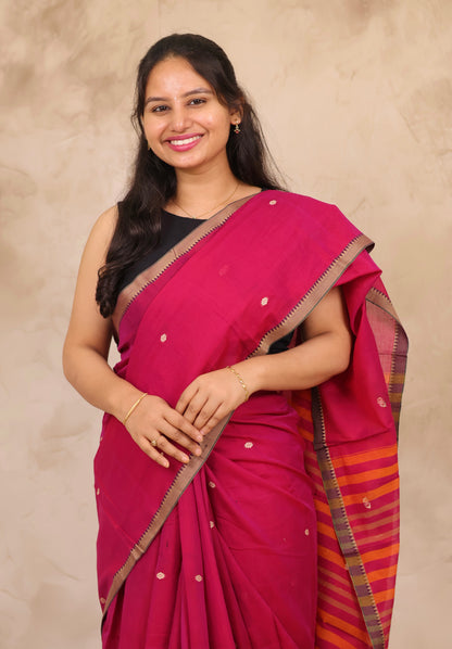 Pink Narayanpet Cotton Saree With Butta Weaving | Looms & Tassels