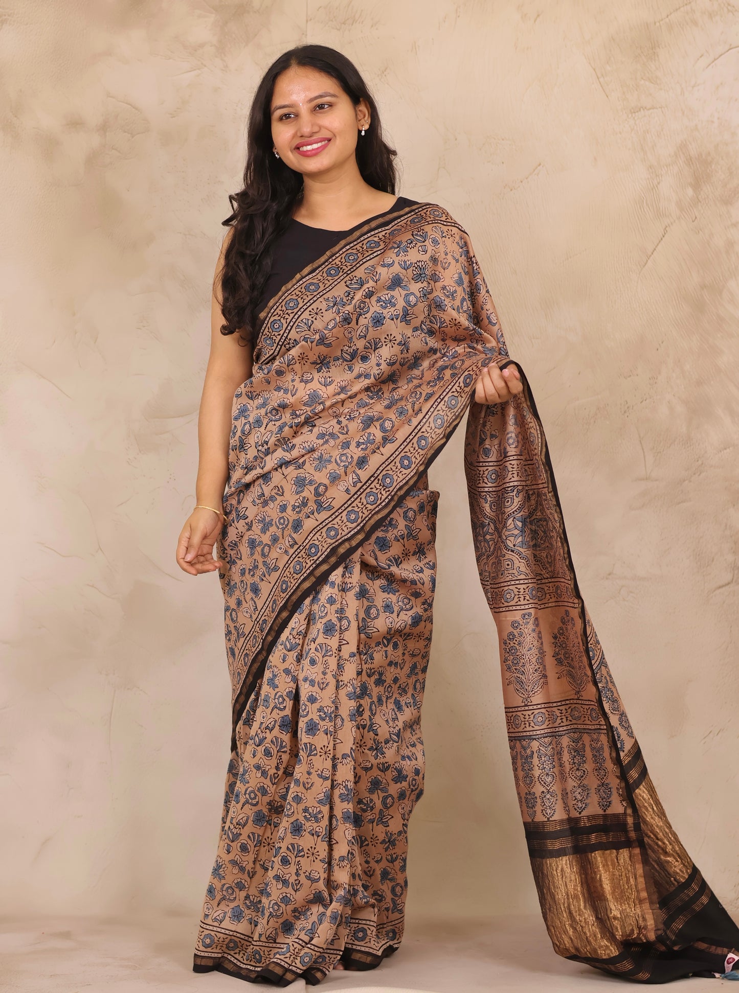 Maheswari Silk Cotton Ajrakh Handblock Printed Saree | Looms & Tassels