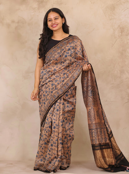 Maheswari Silk Cotton Ajrakh Handblock Printed Saree | Looms & Tassels