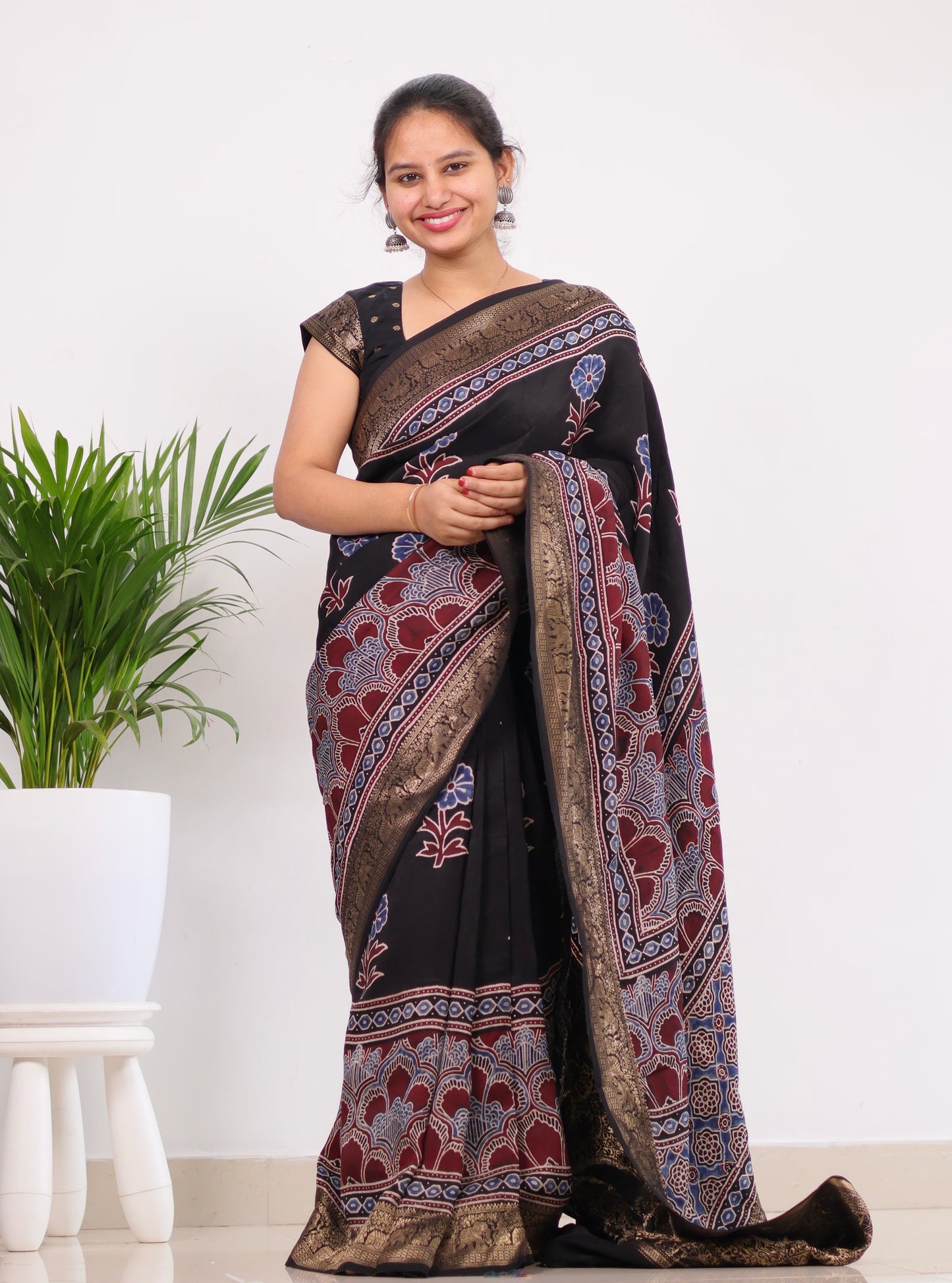 Black Ajrakh Dola Silk Saree