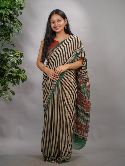 Stripes Chiffon Hand Block Printed Saree | Looms & Tassels