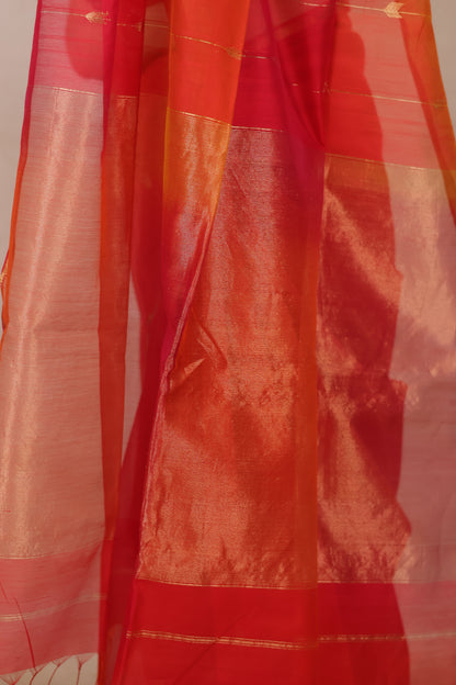 Orange Handloom Maheswari Silk Cotton Sarees | Looms & Tassels